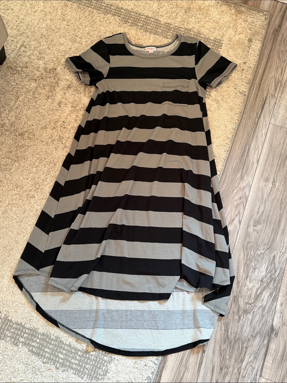LuLaRoe Carly Black and Gray Wide Stripe High Low Dress